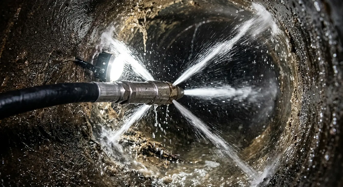 High-pressure hydro jetting nozzle cleaning sewer pipe for Sewer Cleanout in Hartford
