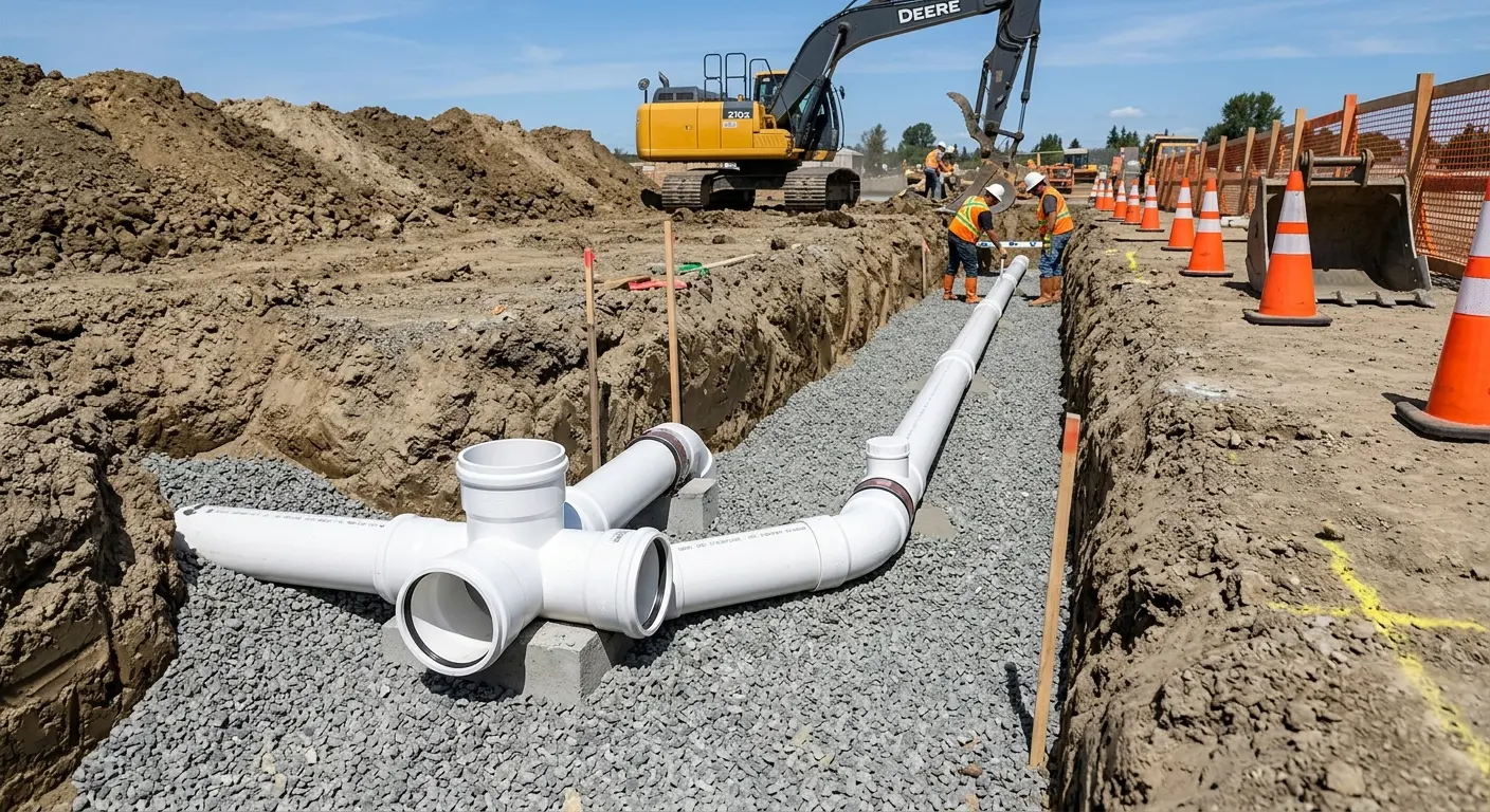 New PVC sewer pipe installation in open trench for Sewer Backup in Hartford