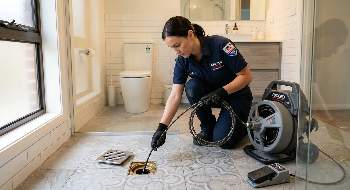 Technician clearing a bathroom floor drain for Hydro Jetting in Hartford